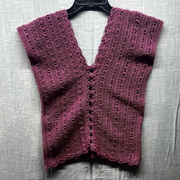 Handmade Sweaters - Hand crochet vest purple V Neck open center lace Small no tag Vintage 80’s